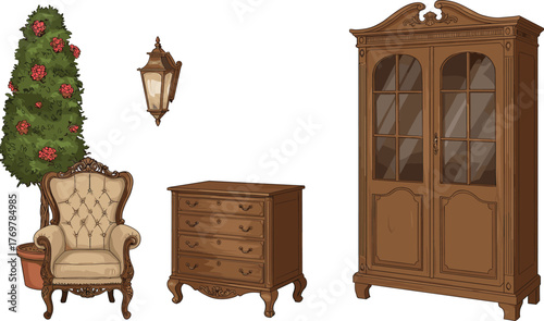 Vintage furniture vector illustration set, ornate armchair, cabinet, chest, lantern, topiary plant, white background for interior and decor concepts
