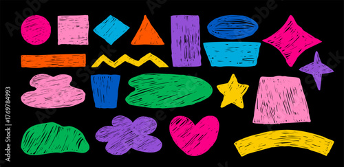 Abstract Freeform set. Curvature Chalk Colorful Hand Drawn various Shapes, Curls, Geometric Forms, Heart, Star and doodle objects. Isolated textured drawings scrawls. Vector illustration. Not AI