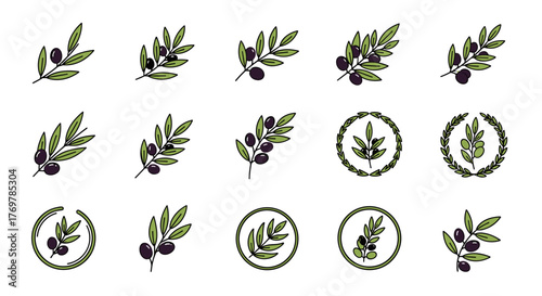 Collection of stylized olive branch icons and emblems, featuring purple olives and green leaves, presented on a black background, perfect for branding, food packaging, and Mediterranean-themed