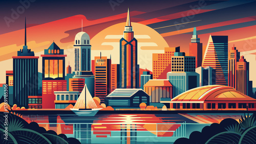 Very beautiful Milwaukee vector travel poster in cinematic minimal landscape art style, featuring the city skyline along Lake Michigan, modern architecture, and warm sunset tones capturing Wisconsin’s
