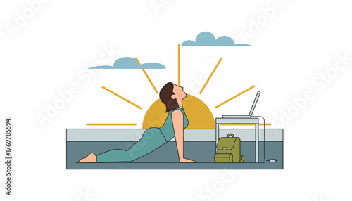 A digital nomad practicing yoga on a rooftop terrace at sunrise with a laptop nearby ready for the days tasks.