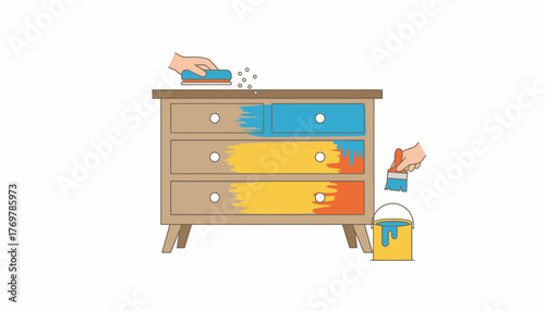 An old piece of furniture being sanded and repainted in bright colors ready for a stylish makeover.