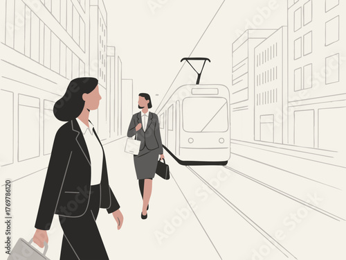 Simple illustration of a train and a person in a suit commuting to work. Business scene. Walking. Going out. Sales. Commuting. Leaving work. Returning home.