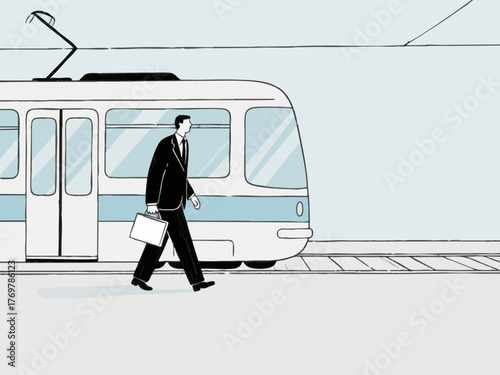 Simple illustration of a train and a person in a suit commuting to work. Business scene. Walking. Going out. Sales. Commuting. Leaving work. Returning home.