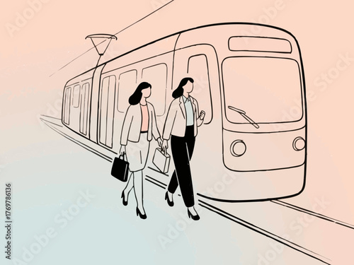 Simple illustration of a train and a person in a suit commuting to work. Business scene. Walking. Going out. Sales. Commuting. Leaving work. Returning home.