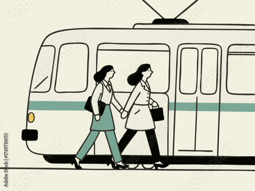 Simple illustration of a train and a person in a suit commuting to work. Business scene. Walking. Going out. Sales. Commuting. Leaving work. Returning home.