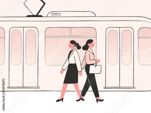 Simple illustration of a train and a person in a suit commuting to work. Business scene. Walking. Going out. Sales. Commuting. Leaving work. Returning home.