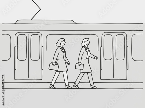 Simple illustration of a train and a person in a suit commuting to work. Business scene. Walking. Going out. Sales. Commuting. Leaving work. Returning home.