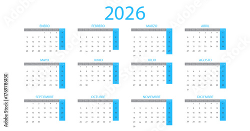 Spanish calendar 2026 year on background. Week starts on Monday. Vector illustration