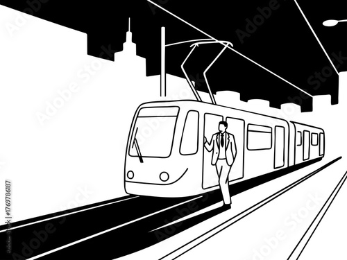 Simple illustration of a train and a person in a suit commuting to work. Business scene. Walking. Going out. Sales. Commuting. Leaving work. Returning home.