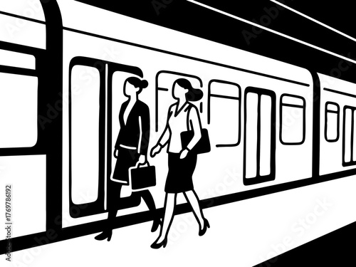 Simple illustration of a train and a person in a suit commuting to work. Business scene. Walking. Going out. Sales. Commuting. Leaving work. Returning home.