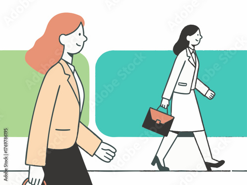 Simple illustration of a woman in a suit going to work. Business scene. Walking. Going out. Sales.