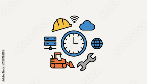 Construction management icons showing technology, cloud servers, global connectivity and precise time tracking for efficient project planning, workflow and maintenance on light background
