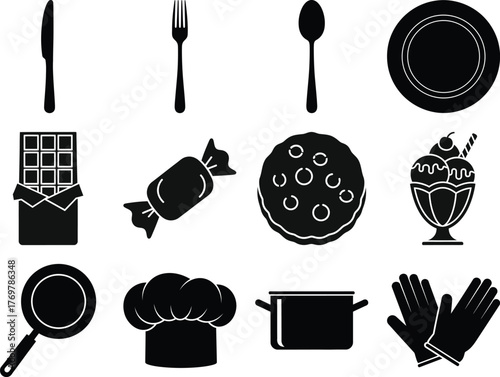 Black and white food and cooking preparation icons illustration