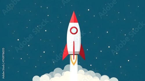 Fototapeta Naklejka Na Ścianę i Meble -  Illustration of a rocket in space concept. Flat illustration of a rocket in space with clouds, stars and planets