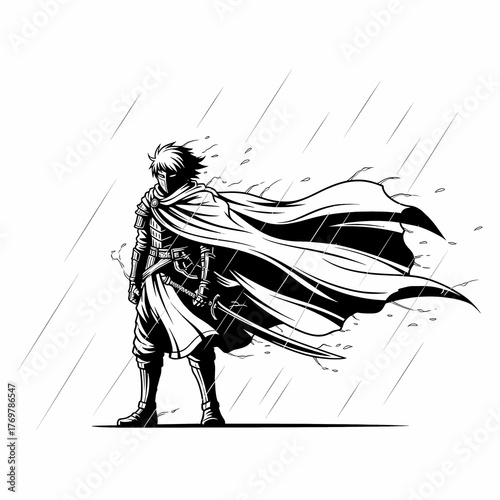 Anime-style warrior with flowing cloak in storm