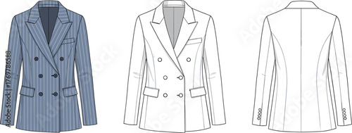 Double breasted blazer jacket flat sketch, technical fashion vector, cad drawing illustration