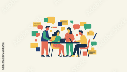 Business professionals engaging in a collaborative meeting, sharing ideas and discussing project strategies while surrounded by speech bubbles and sticky notes on a light background