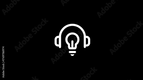 A white line icon of a lightbulb wearing headphones on a solid black background