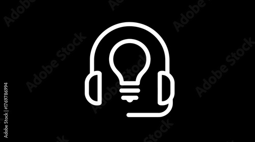 A minimalist white outline of a headset with a lightbulb on a black background