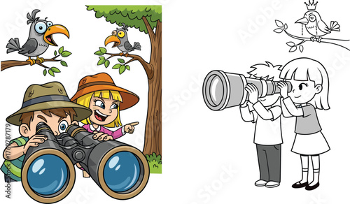 children, birdwatching, binoculars, birds, tree, cartoon, illustration, vector, design, lifestyle, childhood, nature,