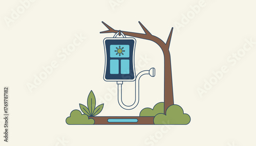 A portable shower with a hanging design and solar heating capabilities positioned in a secluded area with natural foliage.