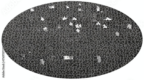 A dark, abstract mosaic resembling a fragmented puzzle with various shades of gray and white
