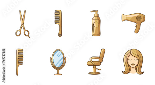 Golden Hairdressing Salon Icons Set: Featuring Scissors, Combs, Shampoo Bottle, Hair Dryer, Mirror, Barber Chair, and a Blonde Woman's Head, symbolizing beauty, style, and professional hair care