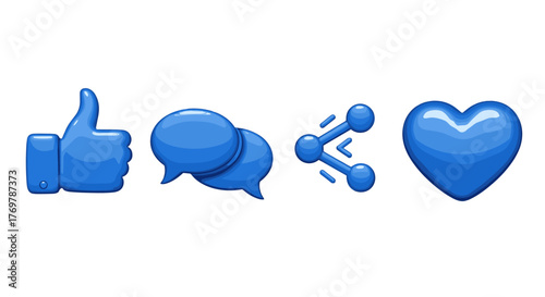 A vibrant blue 3D illustration featuring four iconic social media icons: a thumbs-up, two speech bubbles, a share icon, and a heart, all isolated on a black background, representing engagement and