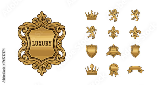 Collection of golden heraldic emblems and symbols, including ornate shields, crowns, lions, fleur-de-lis, and ribbons, set against a black background, representing luxury, royalty, and prestige