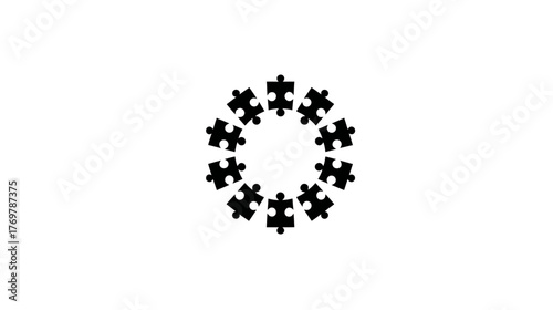 Minimalist graphic of twelve black jigsaw pieces forming a disconnected circle