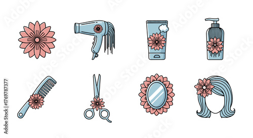 Collection of stylized icons representing beauty and hair salon services, featuring a flower, hairdryer, lotion tube, pump bottle, comb, scissors, mirror, and a woman's hairstyle, all in a soft