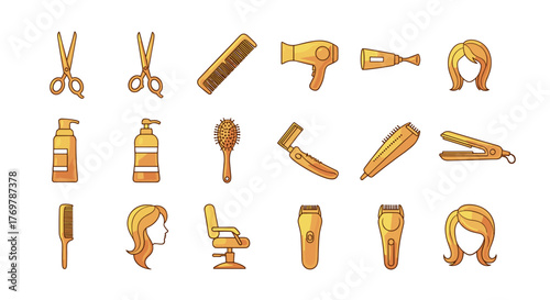 Golden collection of professional hairdressing tools and accessories, including scissors, combs, hair dryers, brushes, clippers, straighteners, shampoo bottles, and hairstyles, presented on a black