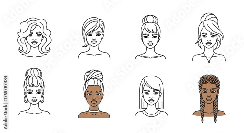 Collection of diverse female hairstyles illustrated in a minimalist line art style against a black background, showcasing various updos, braids, and loose curls, representing modern beauty and