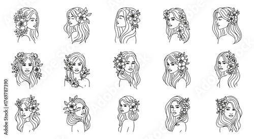 Collection of 15 elegant line art illustrations of women's faces adorned with delicate flowers, showcasing diverse hairstyles and profiles, perfect for beauty, fashion, and nature-themed designs.