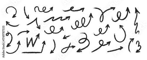 Hand drawn squiggly charcoal arrows set. Crayon scribble lines, swirls arrows, scrawls. Doodle black marker or chalk drawing. Direction pointers. Perfect for infographics, presentations, banners