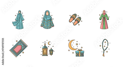 Collection of Islamic cultural icons, including traditional clothing like abayas and hijabs, prayer mats, lanterns, a crescent moon with stars and gift box, and prayer beads, all rendered in a