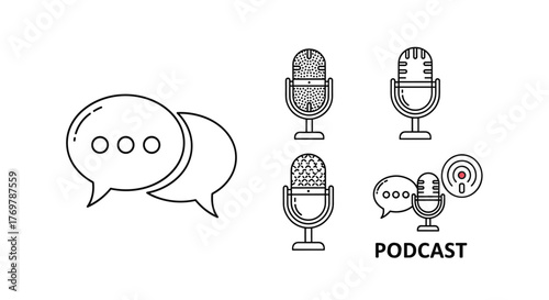 Set of minimalist line art icons representing podcasting and communication, featuring speech bubbles and vintage microphones, perfect for digital media, broadcasting, and online content creation