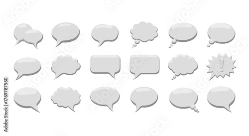 A collection of 3D rendered speech bubbles and thought clouds in various shapes and sizes, isolated on a black background, perfect for representing communication, ideas, and dialogue in graphic