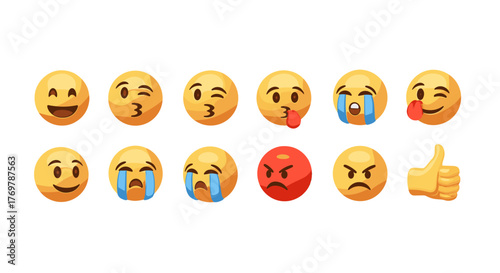 Collection of diverse 3D emoji icons showcasing a range of emotions and expressions, including smiling, winking, kissing, crying, angry, and thumbs up, set against a plain black background for