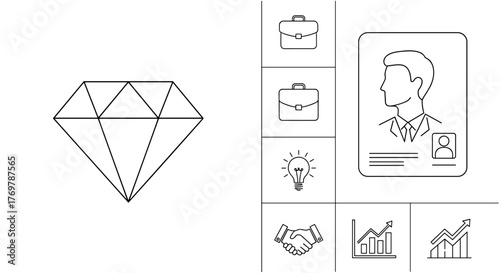 A collection of business-related icons and graphics, including a diamond, briefcases, a lightbulb representing ideas, a handshake symbolizing partnership, a profile card with a person's silhouette