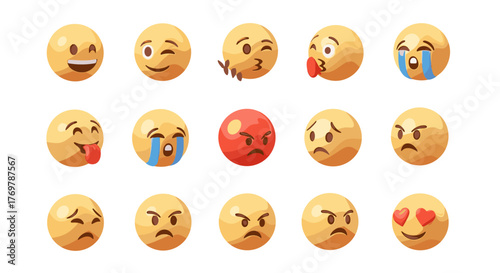 A vibrant collection of 3D rendered emoji faces, showcasing a diverse range of emotions from joy and laughter to anger and sadness, presented against a stark black background for maximum visual