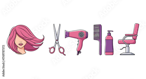 A vibrant collection of pink and purple hair salon essentials, including a stylish woman's head with flowing hair, professional scissors, a modern hairdryer, a wide-tooth comb, a pump bottle of hair
