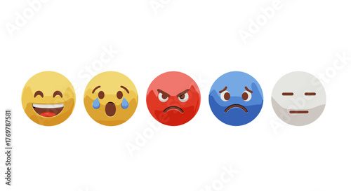 A row of five distinct 3D emoji faces displaying a spectrum of emotions, from joyful laughter and crying tears to intense anger, deep sadness, and neutral indifference, set against a stark black