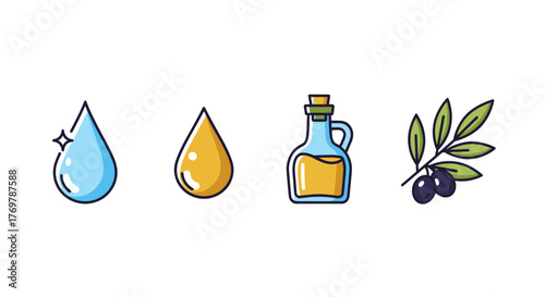 Set of four flat design icons representing liquids and natural ingredients: a sparkling blue water drop, a golden oil drop, a glass bottle filled with golden liquid, and a branch with two dark olives