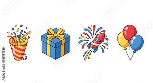 A vibrant collection of festive icons, including a bursting party popper with confetti, a beautifully wrapped gift box with a ribbon, a colorful rocket firework exploding, and a cluster of three