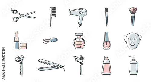A collection of flat design icons representing beauty and personal care items, including scissors, comb, hairdryer, makeup brushes, lipstick, nail polish, perfume, face mask, razor, hair