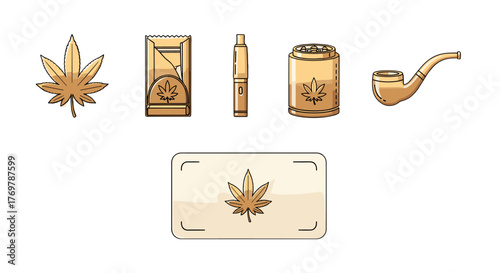 Golden cannabis leaf icon set, including a marijuana leaf, rolling papers, vape pen, stash jar, pipe, and a card with a cannabis symbol, representing the diverse accessories and paraphernalia