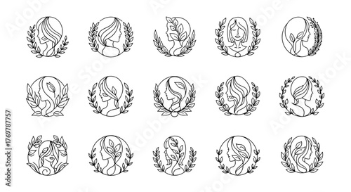 Collection of 15 elegant line art logos featuring profiles of women adorned with laurel wreaths and botanical elements, presented in a circular emblem design, perfect for beauty brands, fashion, or