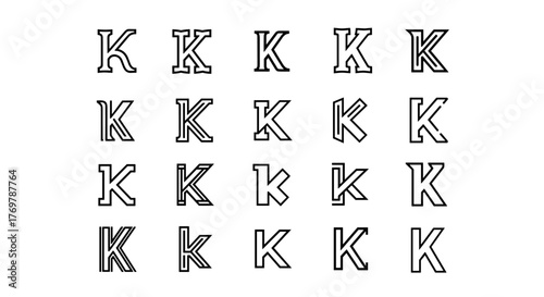 A visually striking and abstract composition featuring a repeating pattern of the letter 'K' in various orientations and styles, rendered with clean, minimalist lines against a dark background